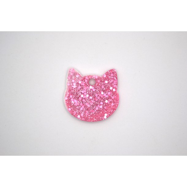 Hundetegn, lille kattehoved, lyserd og hvid med glitter