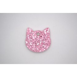 Hundetegn, lille kattehoved, hvid perlemor med pink glitter