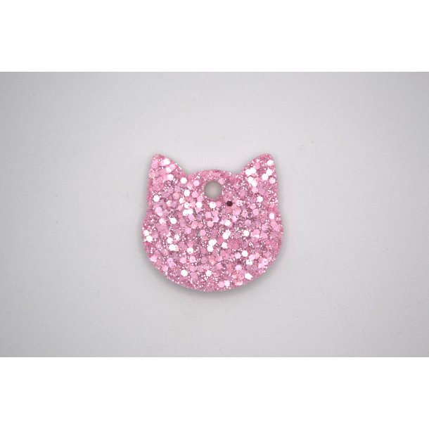 Hundetegn, lille kattehoved, hvid perlemor med pink glitter