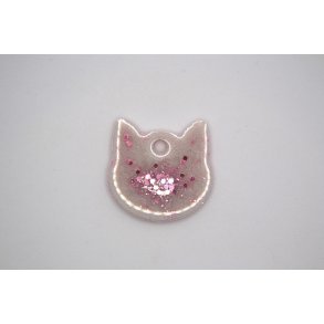 Hundetegn, lille kattehoved, hvid perlemor med pink glitter
