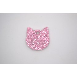 Hundetegn, lille kattehoved, hvid perlemor med pink glitter