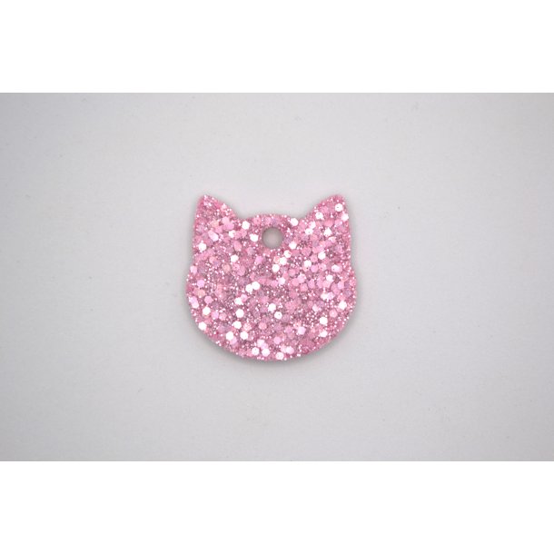 Hundetegn, lille kattehoved, hvid perlemor med pink glitter