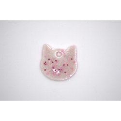 Hundetegn, lille kattehoved, hvid perlemor med pink glitter