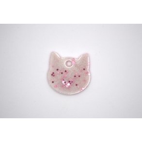 Hundetegn, lille kattehoved, hvid perlemor med pink glitter