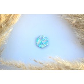 Hundetegn, lille hexagon, bl og lyserd glimmer med hjerter