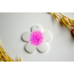 Hundetegn, stor blomst, hvid med pink glitter