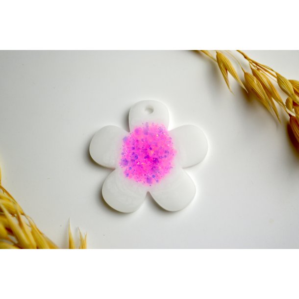 Hundetegn, stor blomst, hvid med pink glitter