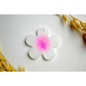 Hundetegn, stor blomst, hvid med pink glitter