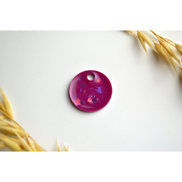 Hundetegn, lille rund, lilla shimmer med holografiske flager