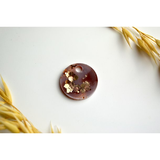 Hundetegn, lille rund, caramel, hvid, guld glimmer