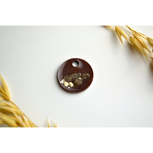 hundetegn, lille rund, brun med guld flager