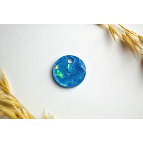 Hundetegn, lille rund, bl shimmer med holografiske flager