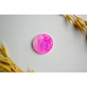 Hundetegn, lille rund, pink glitter med hvid