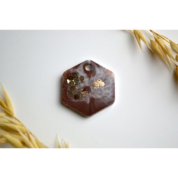 Hundetegn, mellem hexagon, caramel, hvid med guldflager