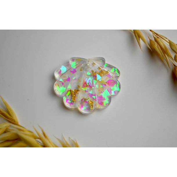 Hundetegn, stor musling, gennemsigtig med holografiske flager og bladguld