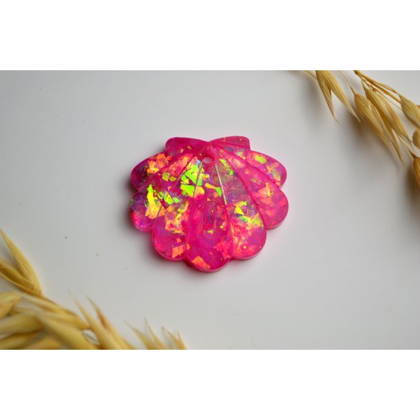 Hundetegn, stor musling, pink med holografiske flager