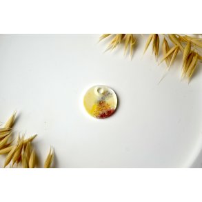 Hundetegn, lille rund, gul og hvid med glitter