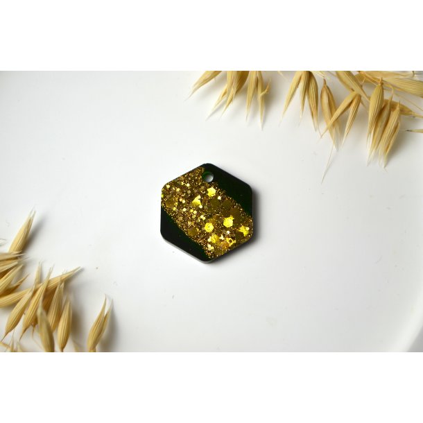 Hundetegn, mellem hexagon, gr�n med guld glitter